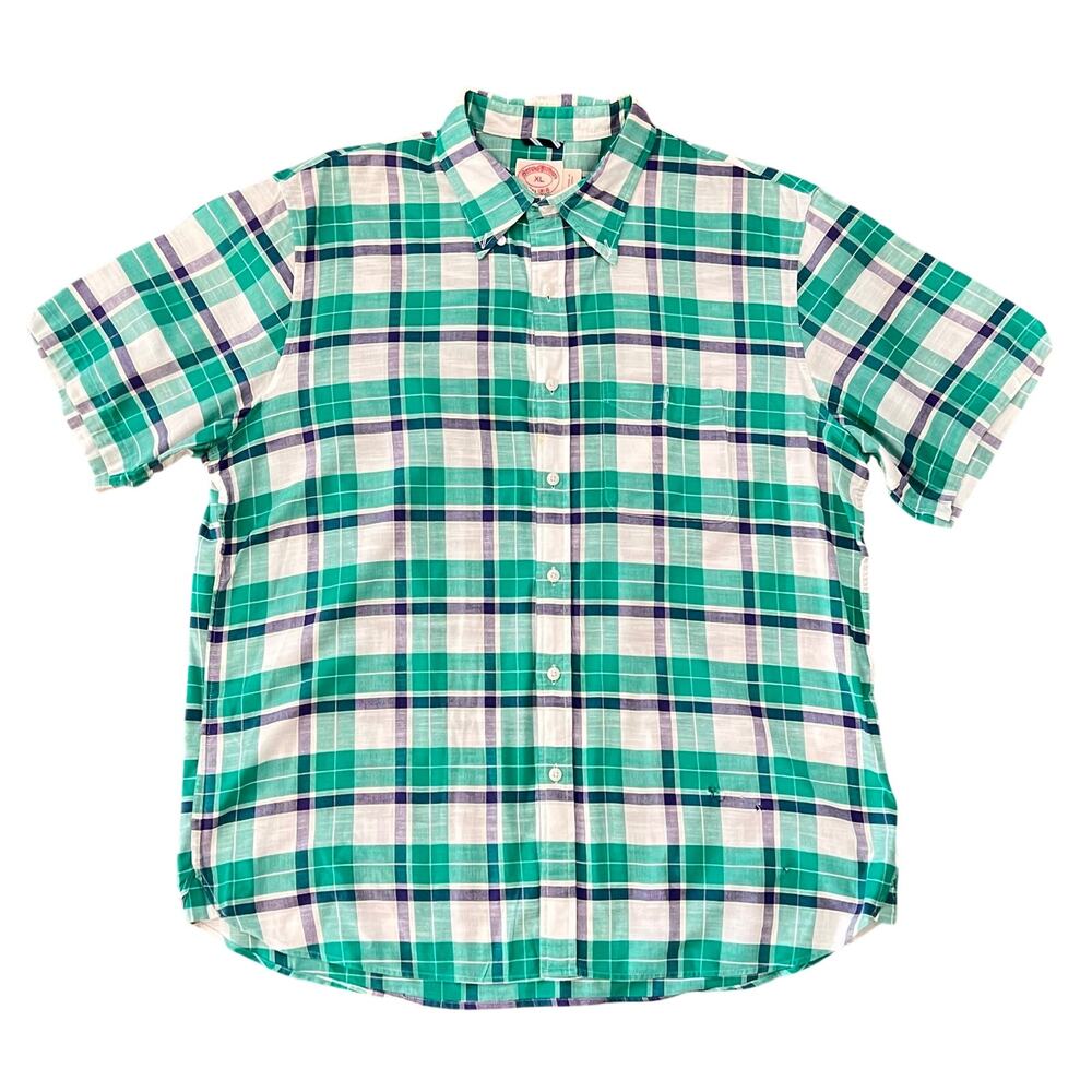 Brooks Brothers Men's Plaid Shirt XL Button Up Short Sleeve Camp Vintage Green